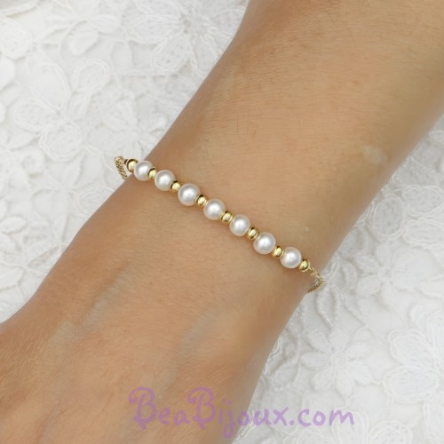 Bracelet mariage blanc et or perles