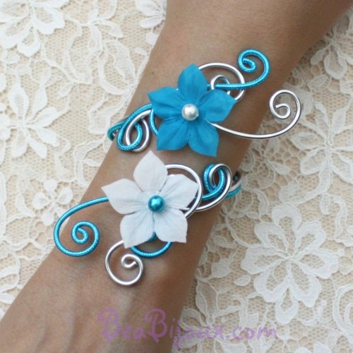 Bracelet mariage argent turquoise et fleurs