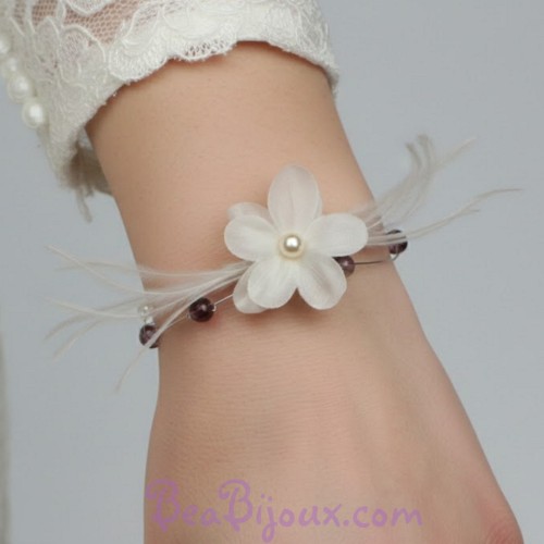 Bracelet mariage ivoire chocolat fleur plumes