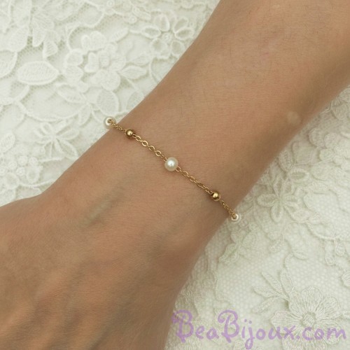 Bracelet mariage perles blanches et dorées