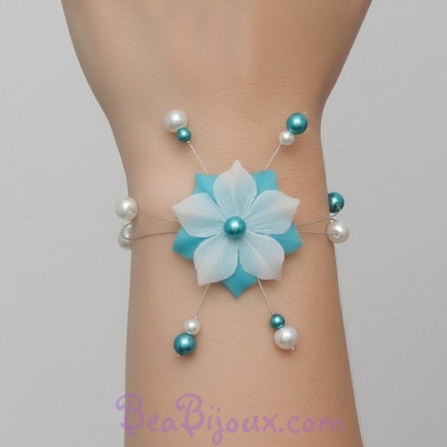 Bracelet mariage fleur bleu turquoise blanc