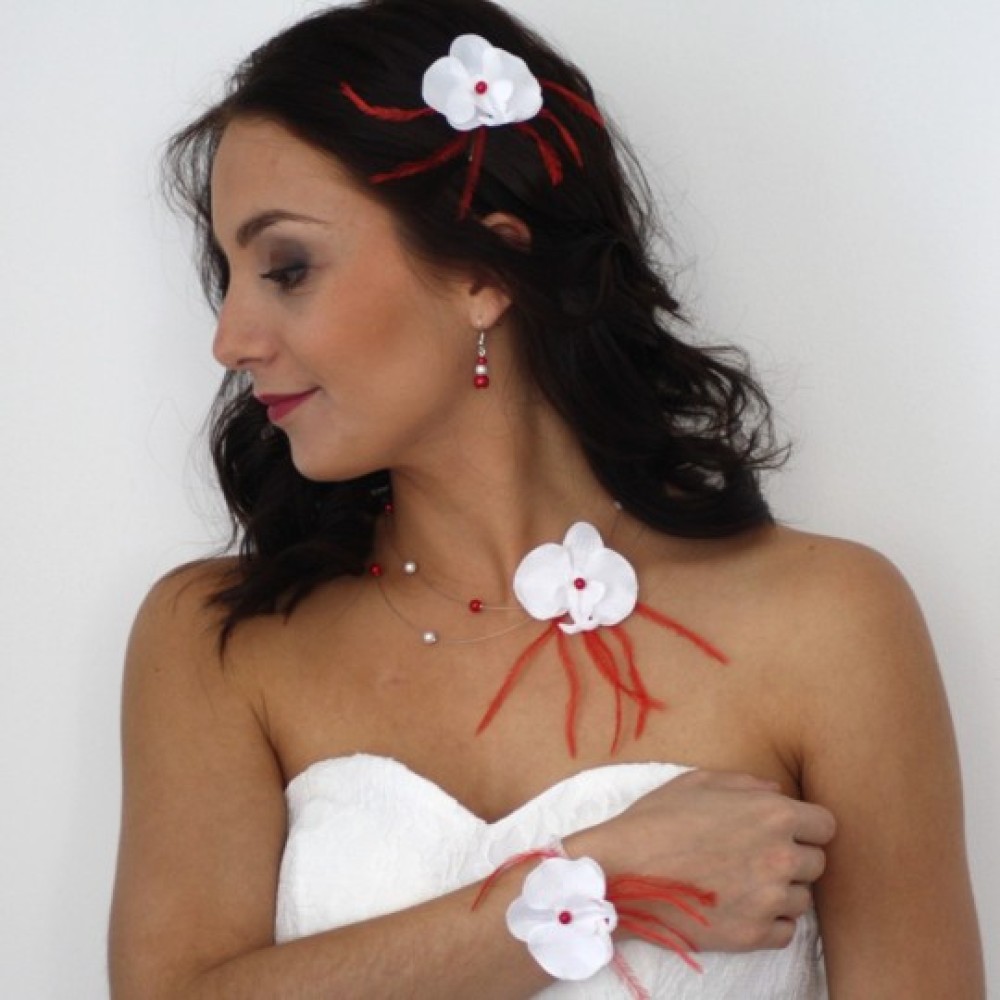 Bracelet mariage orchidée blanc et rouge