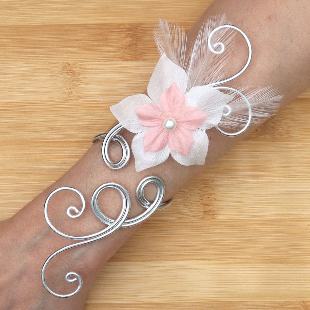 Bracelet mariage argent fleur blanc rose plumes