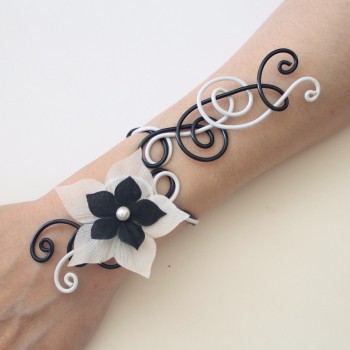 Bracelet mariage noir et blanc + fleur BRA320