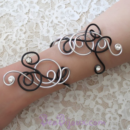 Bracelet mariage noir et argent + strass