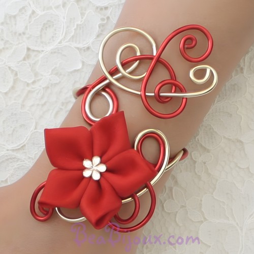 Bracelet mariage rouge doré fleur