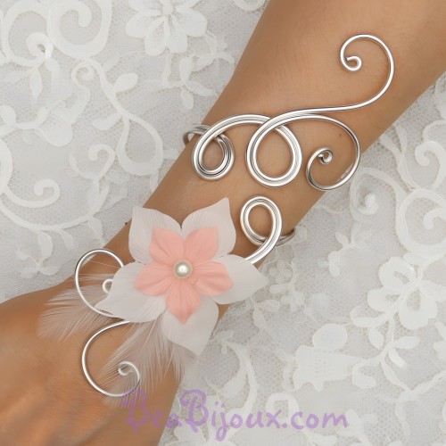 Bracelet mariage argent fleur blanc rose plumes