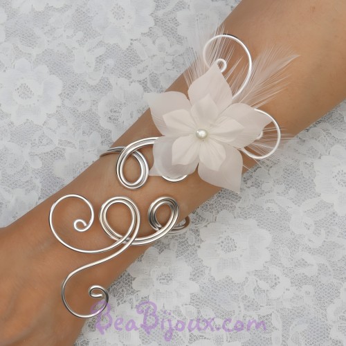 Bracelet de mariage argent fleur plumes blanc
