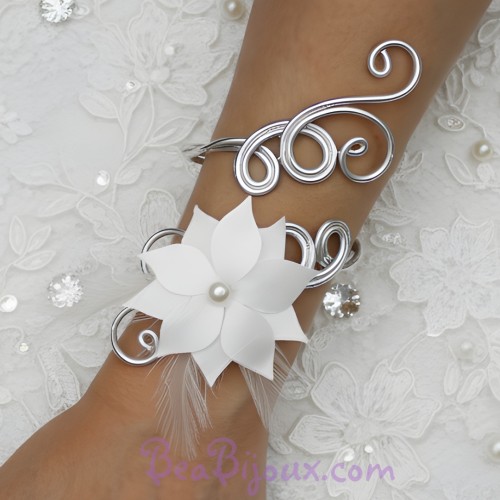 Bracelet mariage argent blanc fleur plumes