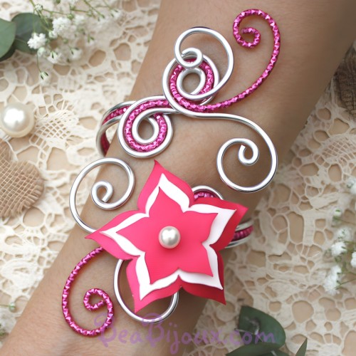 Bracelet mariage argent fuchsia blanc fleur