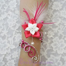 Bracelet mariage argent fuchsia fleur plumes BRA342