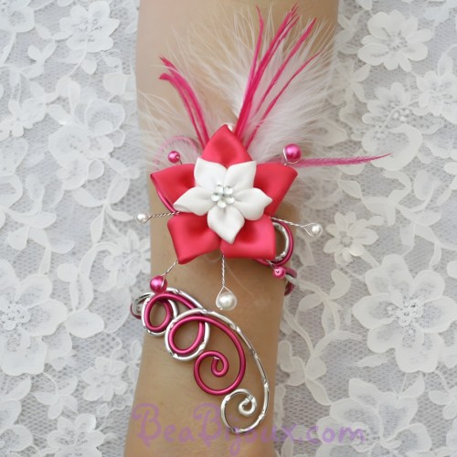 Bracelet mariage argent fuchsia fleur plumes