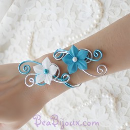 Bracelet mariage argent turquoise et fleurs BRA350