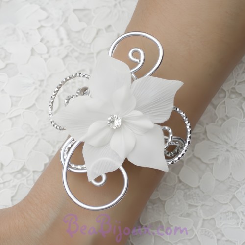 Bracelet mariage blanc argent fleur strass