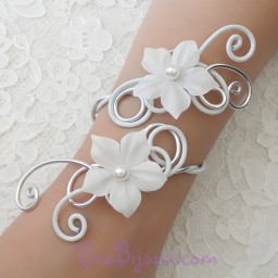 Bracelet mariage blanc et argent + fleurs BRA235