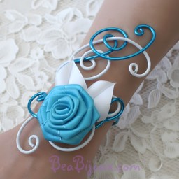 Bracelet mariage blanc turquoise fleur BRA325