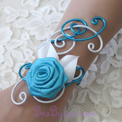 Bracelet mariage blanc turquoise fleur