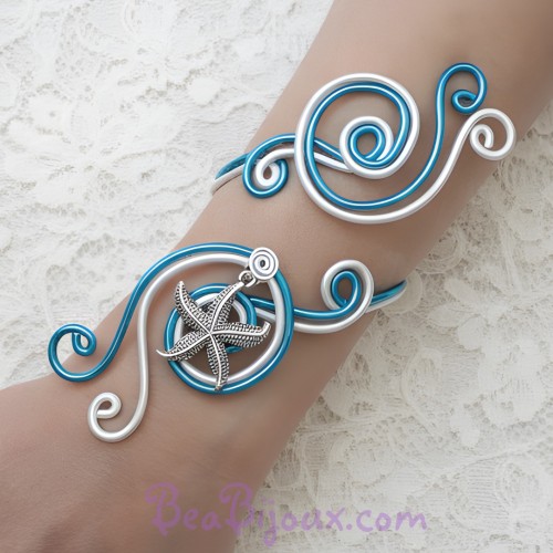 Bracelet mariage étoile de mer blanc et bleu turquoise