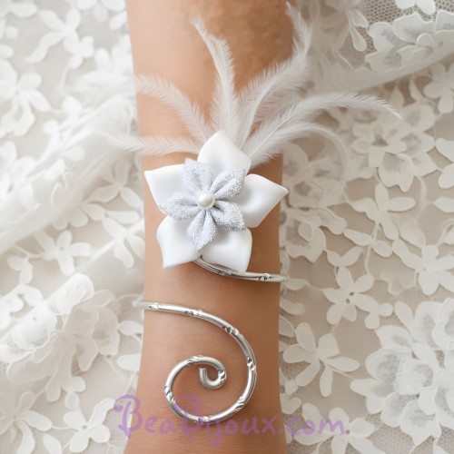Bracelet mariage fleur argent et blanc