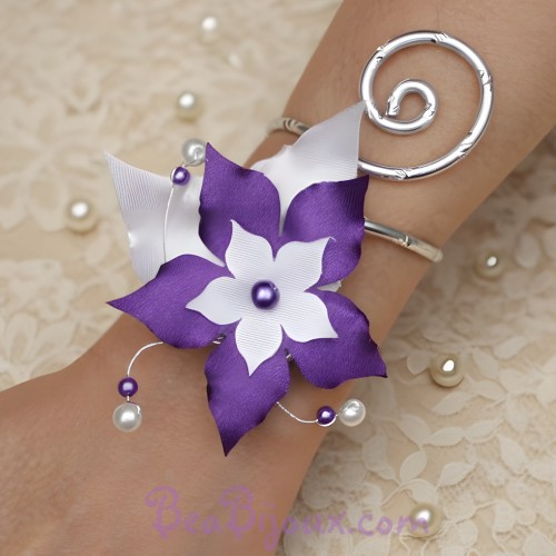 Bracelet mariage fleur blanc violet