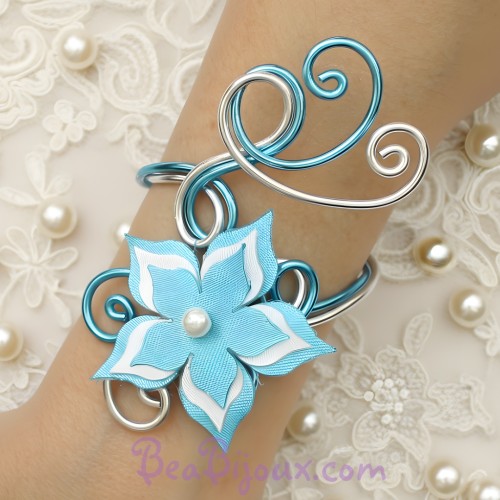 Bracelet mariage fleur turquoise blanc