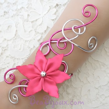 Bracelet mariage fuchsia et argent + fleur BRA234