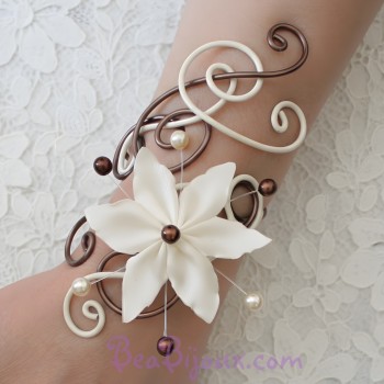Bracelet mariage ivoire et chocolat + fleur BRA233