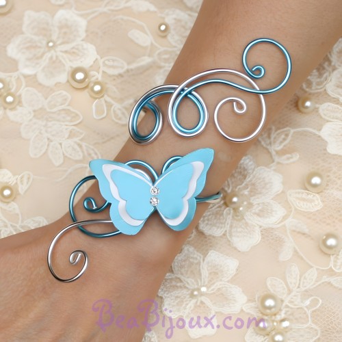 Bracelet mariage papillon argent blanc turquoise