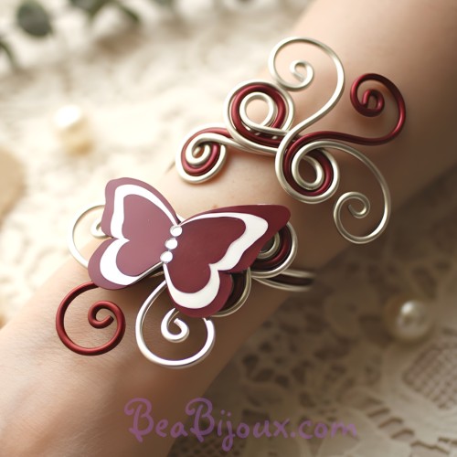 Bracelet mariage papillon bordeaux ivoire