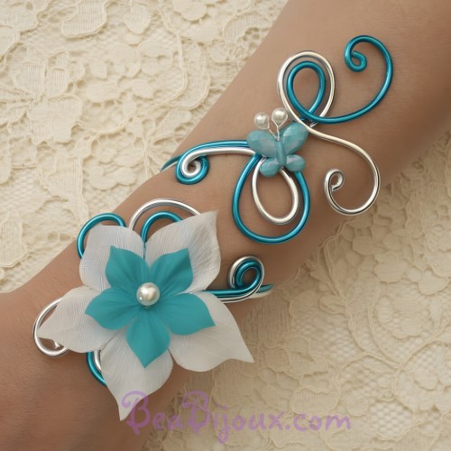 Bracelet mariage turquoise argent fleur papillon