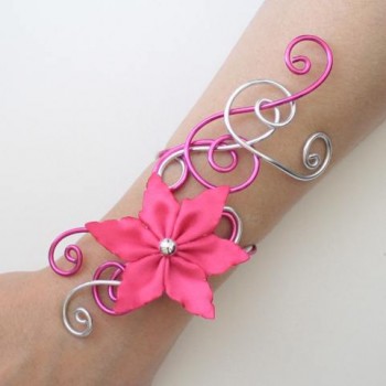 Bracelet mariage fuchsia et argent + fleur BRA234