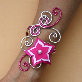 Bracelet mariage argent fuchsia blanc fleur BRA351