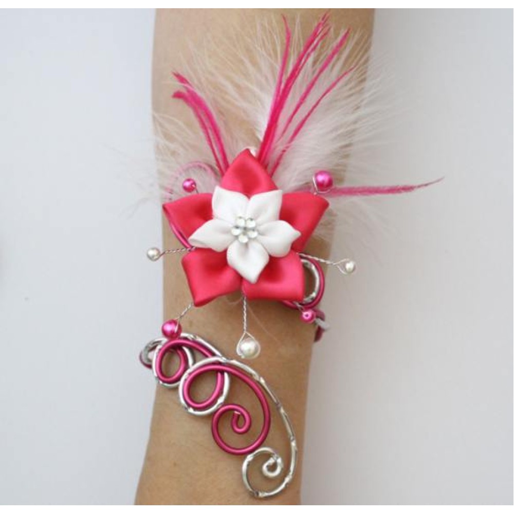 Bracelet mariage argent fuchsia fleur plumes Bracelet mariage argent fuchsia fleur plumes
