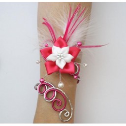 Bracelet mariage argent fuchsia fleur plumes BRA342