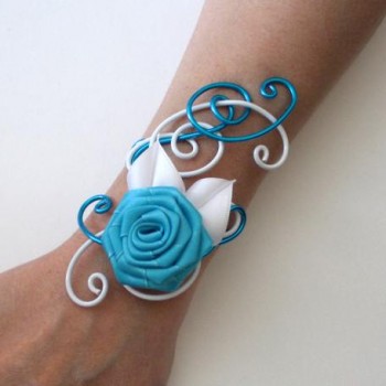 Bracelet mariage blanc turquoise fleur BRA325