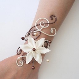 Bracelet mariage ivoire et chocolat + fleur BRA233