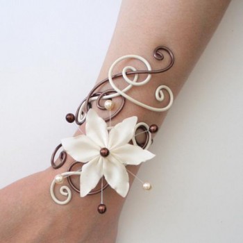 Bracelet mariage ivoire et chocolat + fleur BRA233