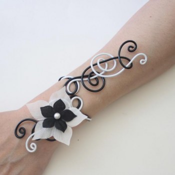 Bracelet mariage noir et blanc + fleur BRA320