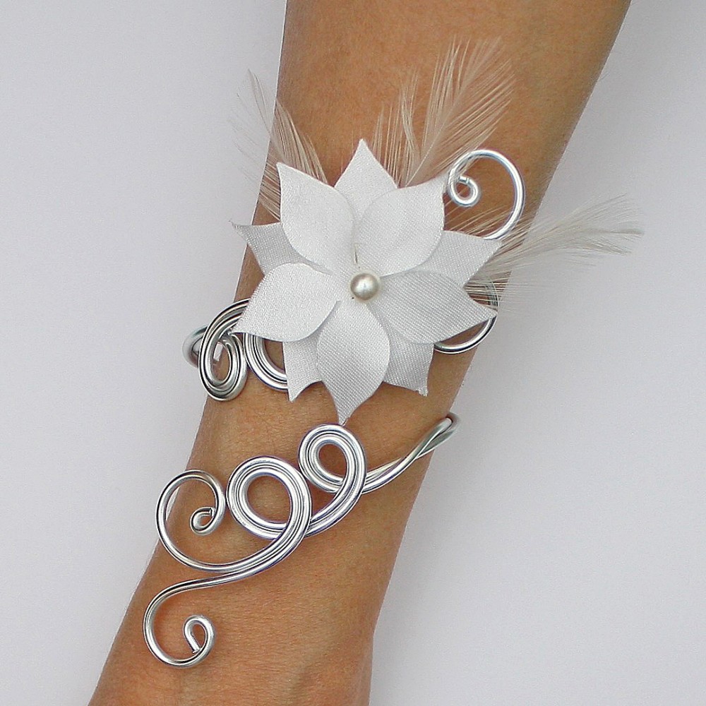Bracelet mariage argent blanc fleur plumes