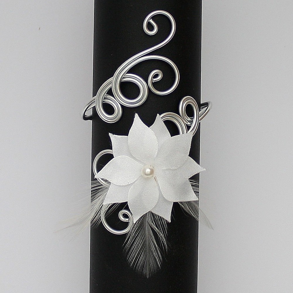 Bracelet mariage argent blanc fleur plumes