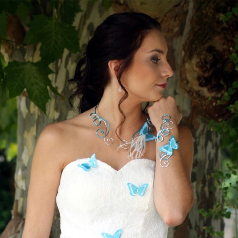Bracelet mariage papillon argent blanc turquoise