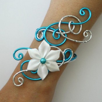 Bracelet mariage turquoise argent + fleur blanche BRA338