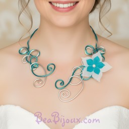 Collier mariage argent turquoise + fleur COA310
