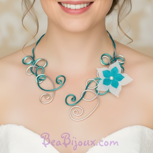 Collier mariage argent turquoise + fleur