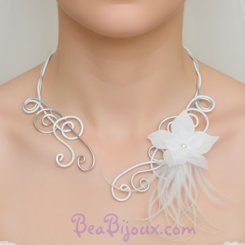 Collier mariage blanc argent + fleur + plumes COA314