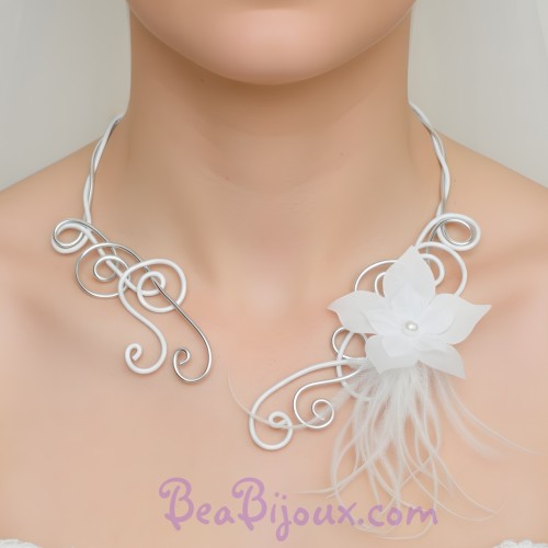 Collier mariage blanc argent + fleur + plumes