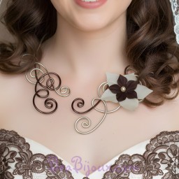 Collier mariage champagne chocolat + fleur COA302