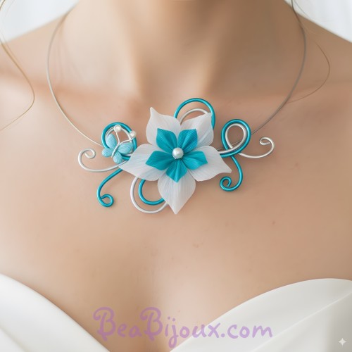 Collier mariage fleur papillon blanc turquoise argent