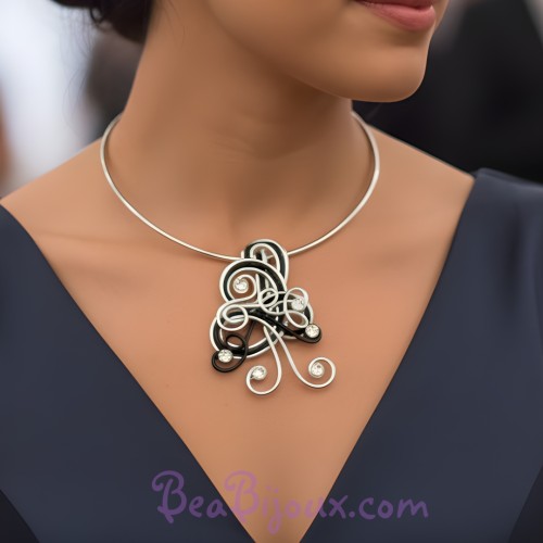 Collier mariage noir et argent + strass