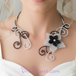 Collier mariage noir et blanc + fleur COA320
